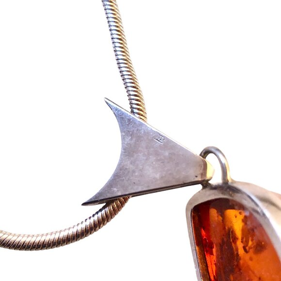 Sterling Silver Italy Vintage Snake Chain Necklace Amber Large Pendant - Picture 7 of 10